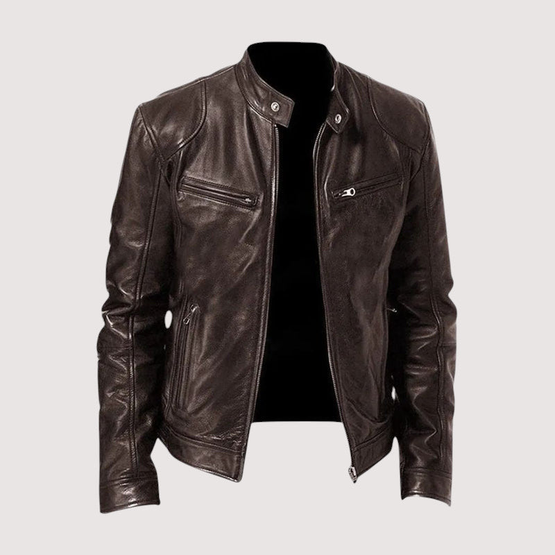 Montaracrest Mitchell men's leather jacket, stylish coat with a sleek black leather exterior and modern design details.