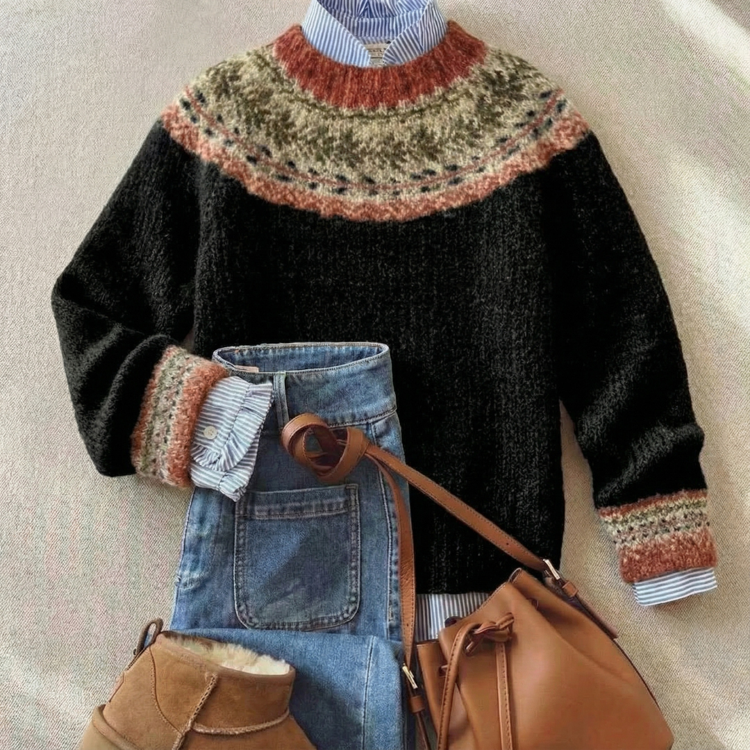 Montaracrest Eleanora Nordic knit sweater featuring intricate patterns and cozy wool texture in a stylish design.