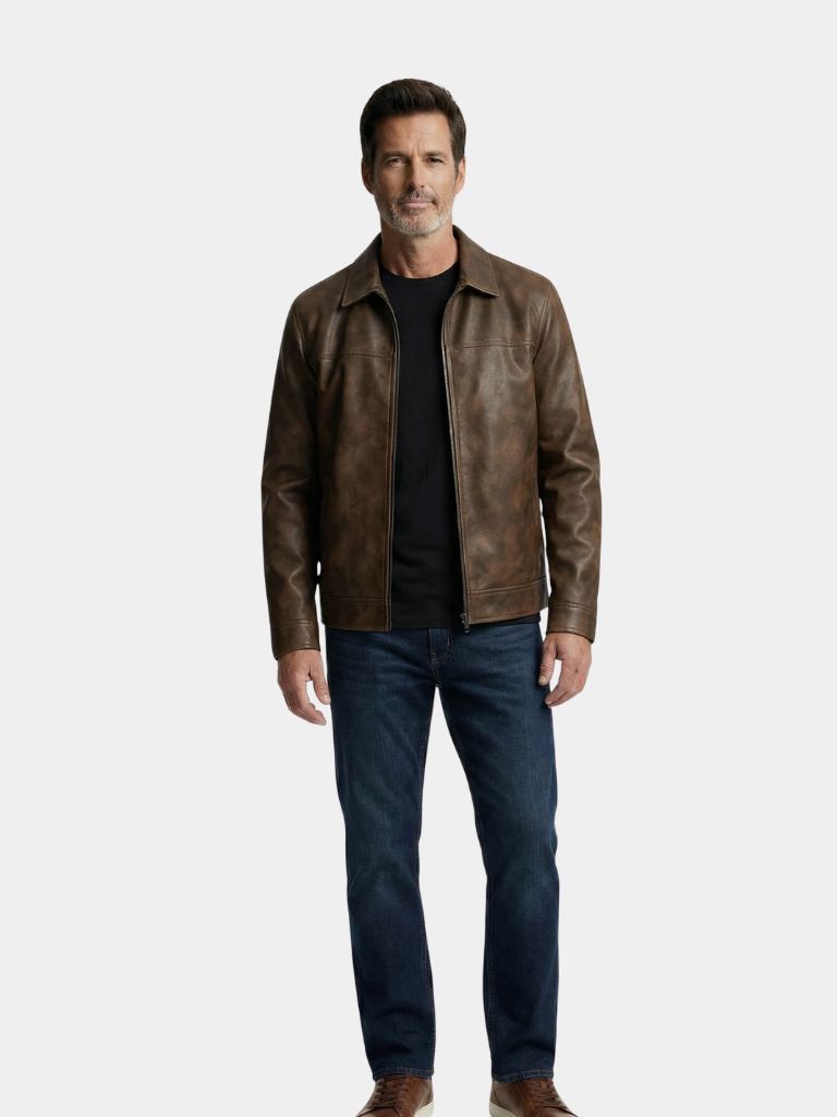 Montaracrest leather jacket in the Regent Estate style, featuring a sleek design with visible stitching and a front zipper closure.