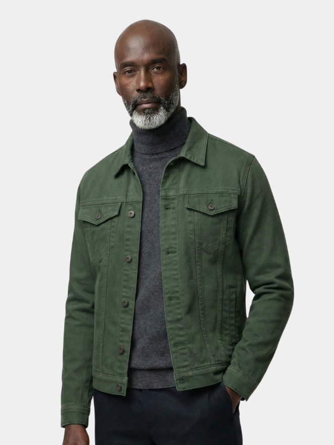 Montaracrest Heritage Casual Jacket, a stylish men's casual jacket made of dark fabric with a zippered front and collar.
