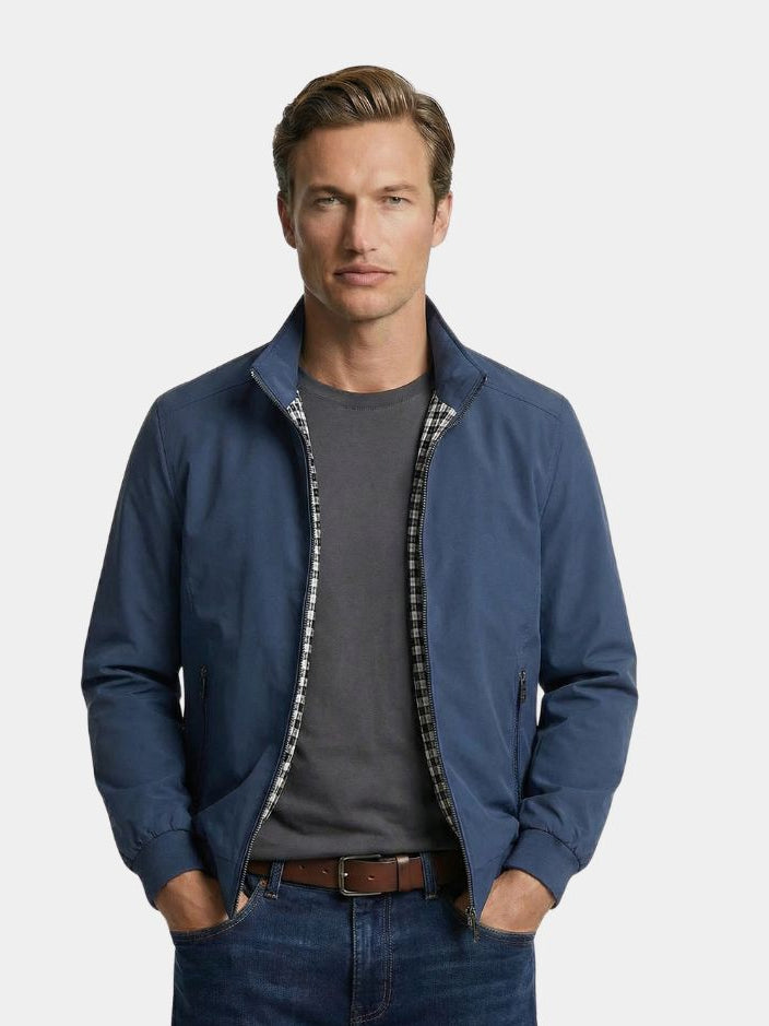 Casual beige bomber jacket by Montaracrest, featuring a classic style with a zip front and ribbed cuffs and hem.