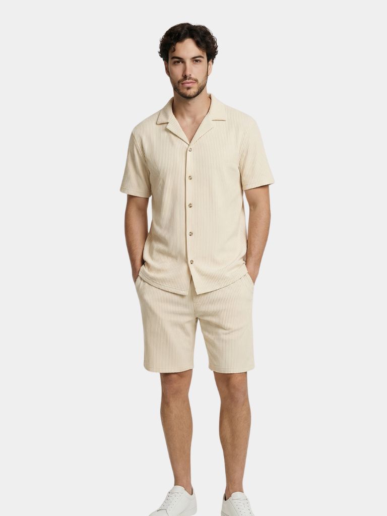 Montaracrest set of minimal velvet ribbed short pants and shirt, featuring a stylish, coordinated velvety fabric in a modern design.