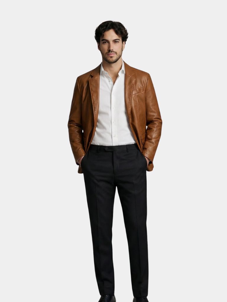 Montaracrest caramel leather jacket, featuring a stylish brown leather gusset, front zipper, and classic collar, as seen on a model.