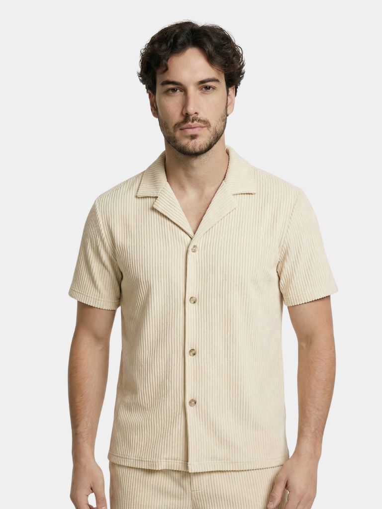 Montaracrest minimalista velvet ribbed shorts and shirt set, featuring soft fabric, clean lines, and stylish casual design.