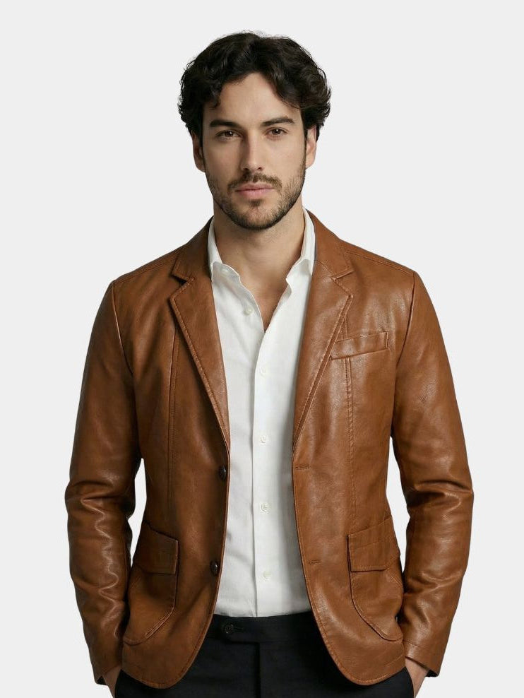 Montaracrest caramel leather jacket, stylish men's jas with smooth texture and classic design, shown on a hanger.