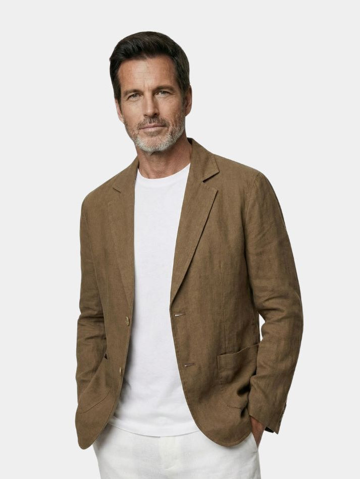 Montaracrest Oldbrook linen summer blazer displayed in light fabric with classic fit and stylish lapels.