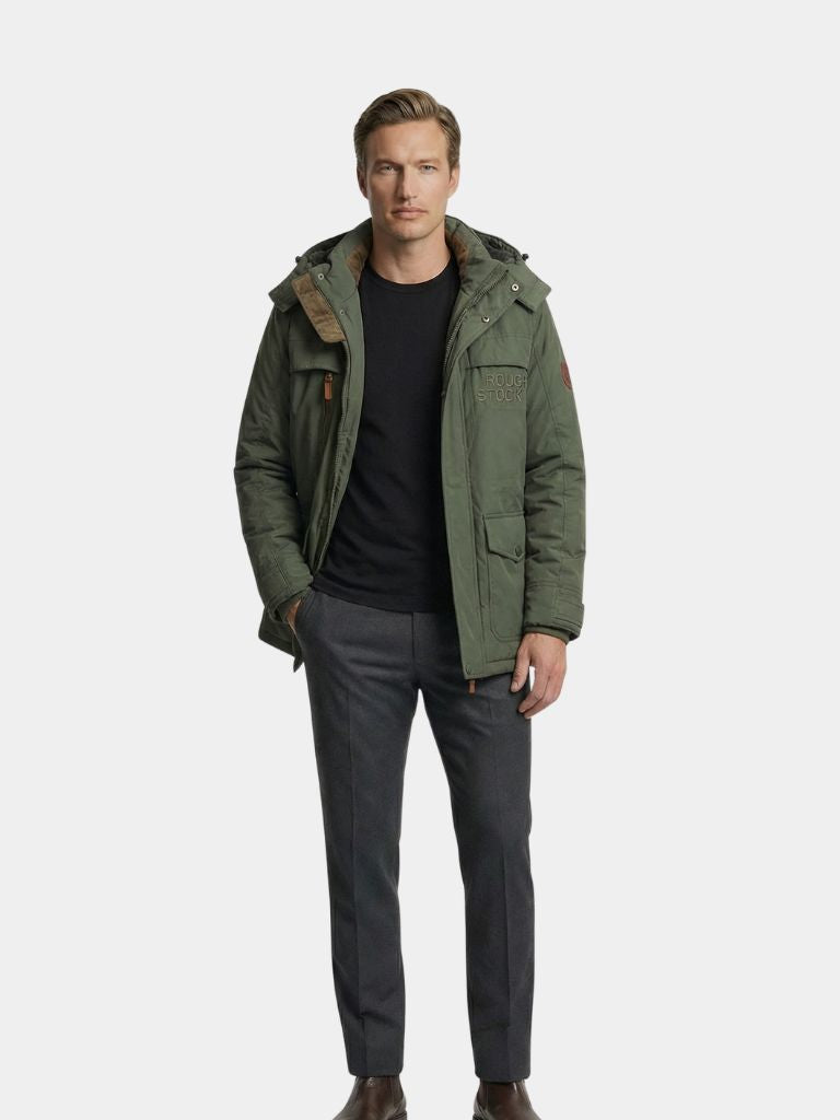Montaracrest military-style jacket with hood, featuring a rugged design and front pockets, ideal for outdoor wear.