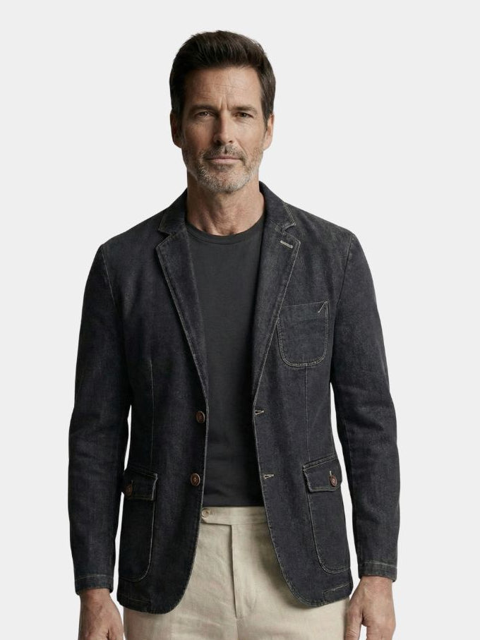 Montaracrest denim blazer in classic blue, tailored fit with lapel collar and button closure, stylish and versatile for casual wear.