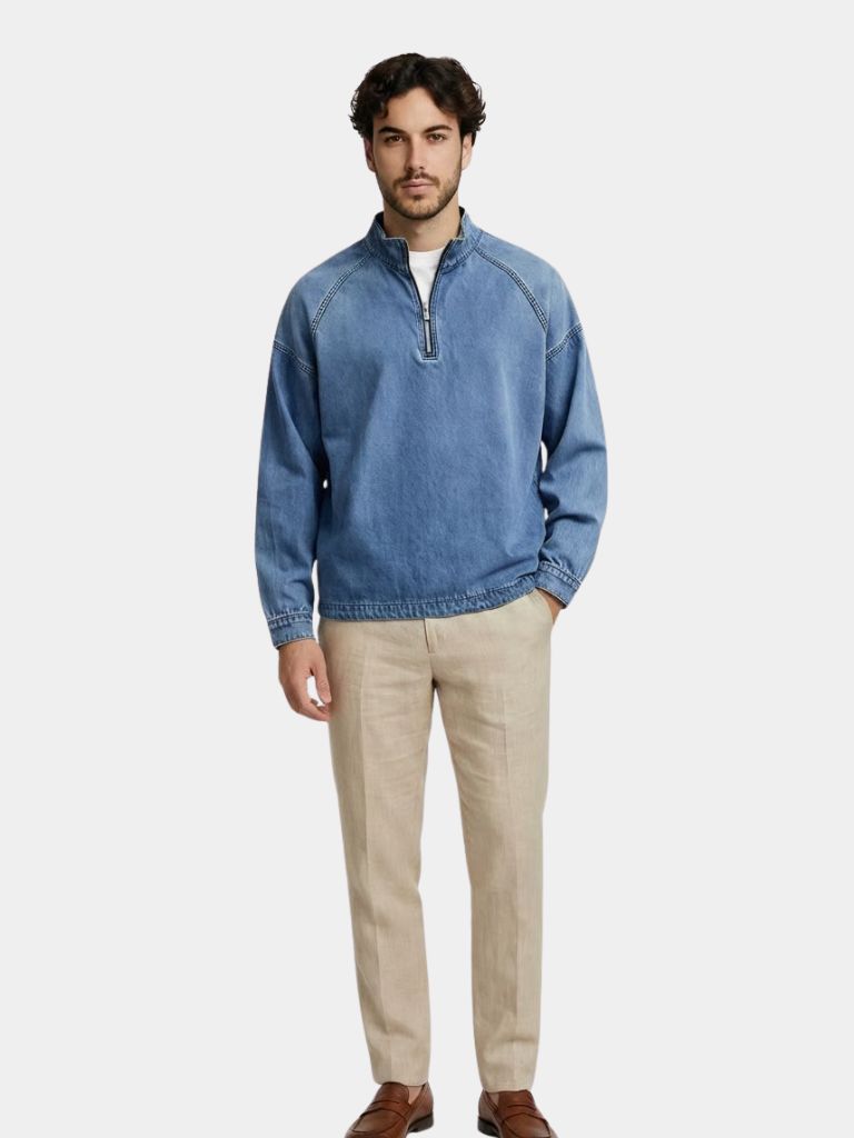 Montaracrest denim stonewash jacket with quarter-zip closure, casual style, shown on a model.