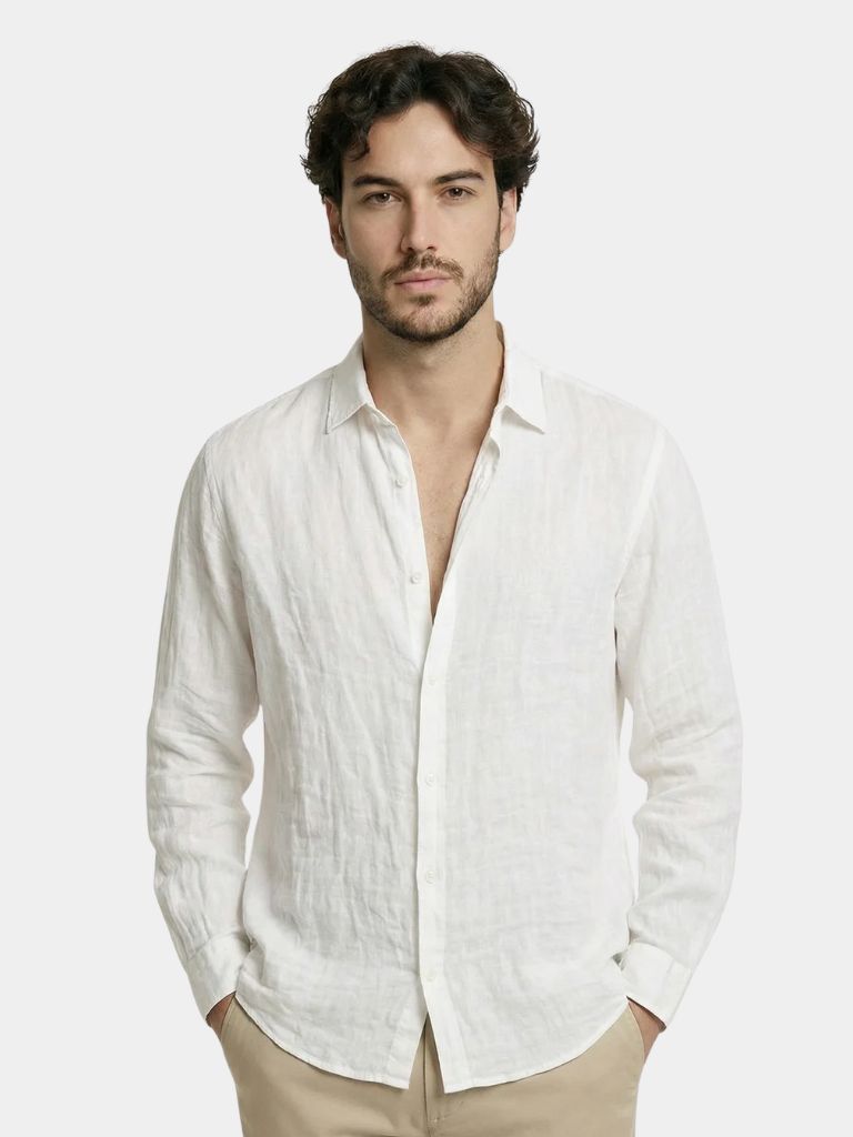 Light-colored linen summer shirt by Montaracrest featuring a relaxed fit and casual style, displayed on a hanger.