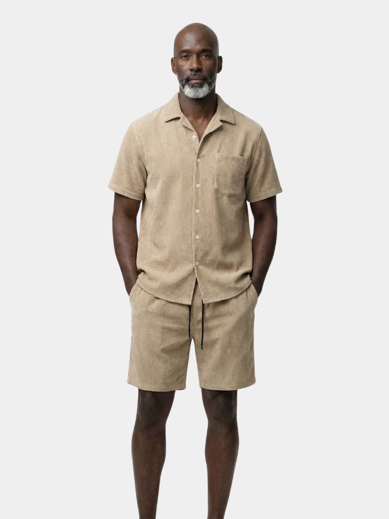 Montaracrest summer velvet cord set with shorts and shirt, featuring a stylish and comfortable design for warm weather.