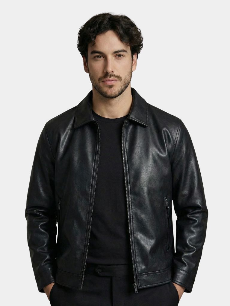 Montaracrest Denver leather jacket for men, stylish dark brown leather blazer with classic collar and zip front.