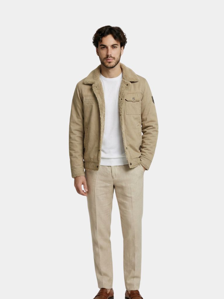 Vintage military-style aviator jacket by Montaracrest, featuring rugged design and classic details in a photo.