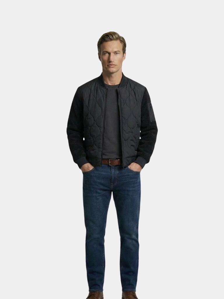 Montaracrest bomber jacket with padded body and Sherpa-lined sleeves, stylish and warm for cold weather.