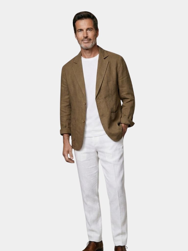 Light beige linen blazer from Montaracrest's Oldbrook collection, stylish summer blazer with a tailored fit.