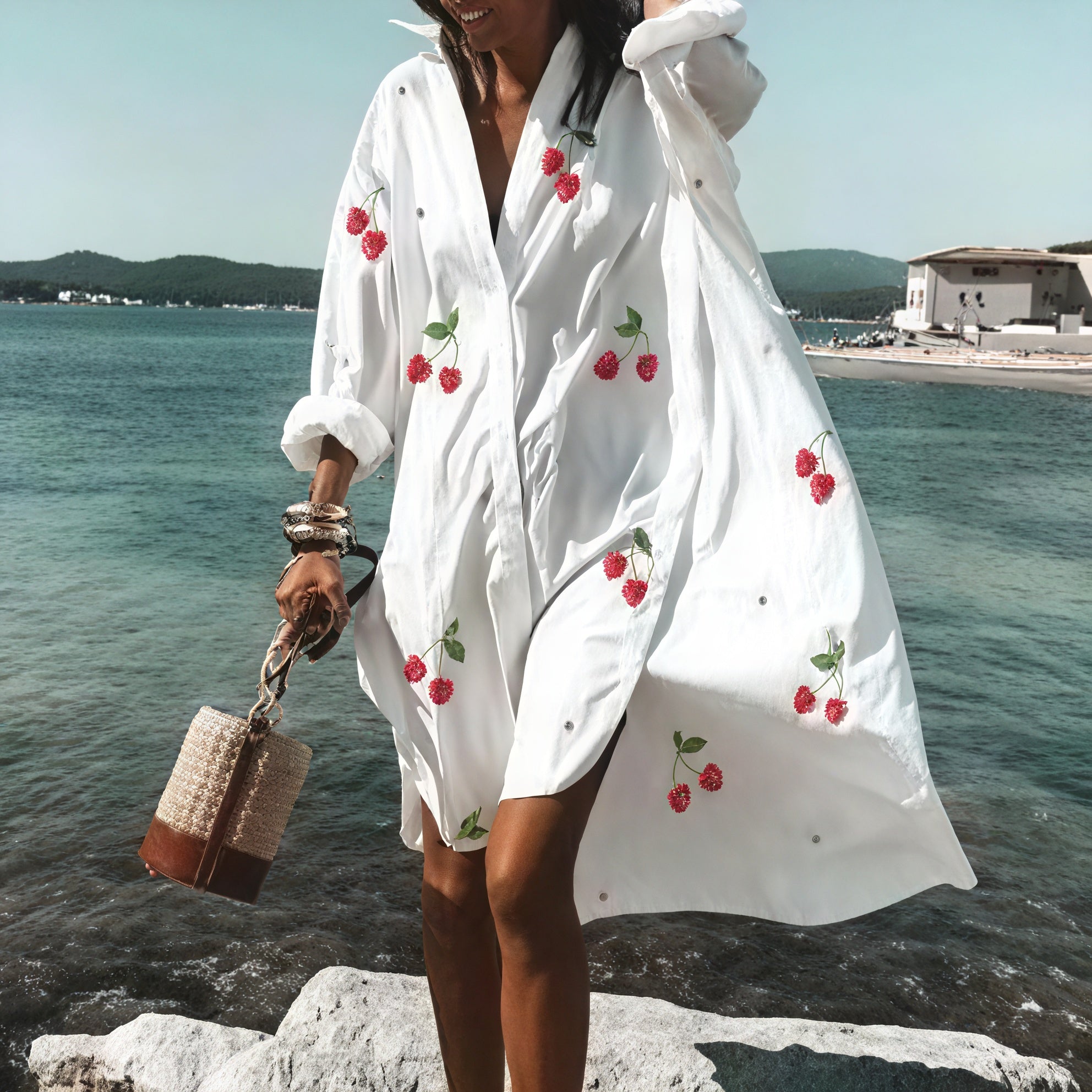 Light beige oversized summer dress with button details by Montaracrest, featuring a relaxed fit and casual style.