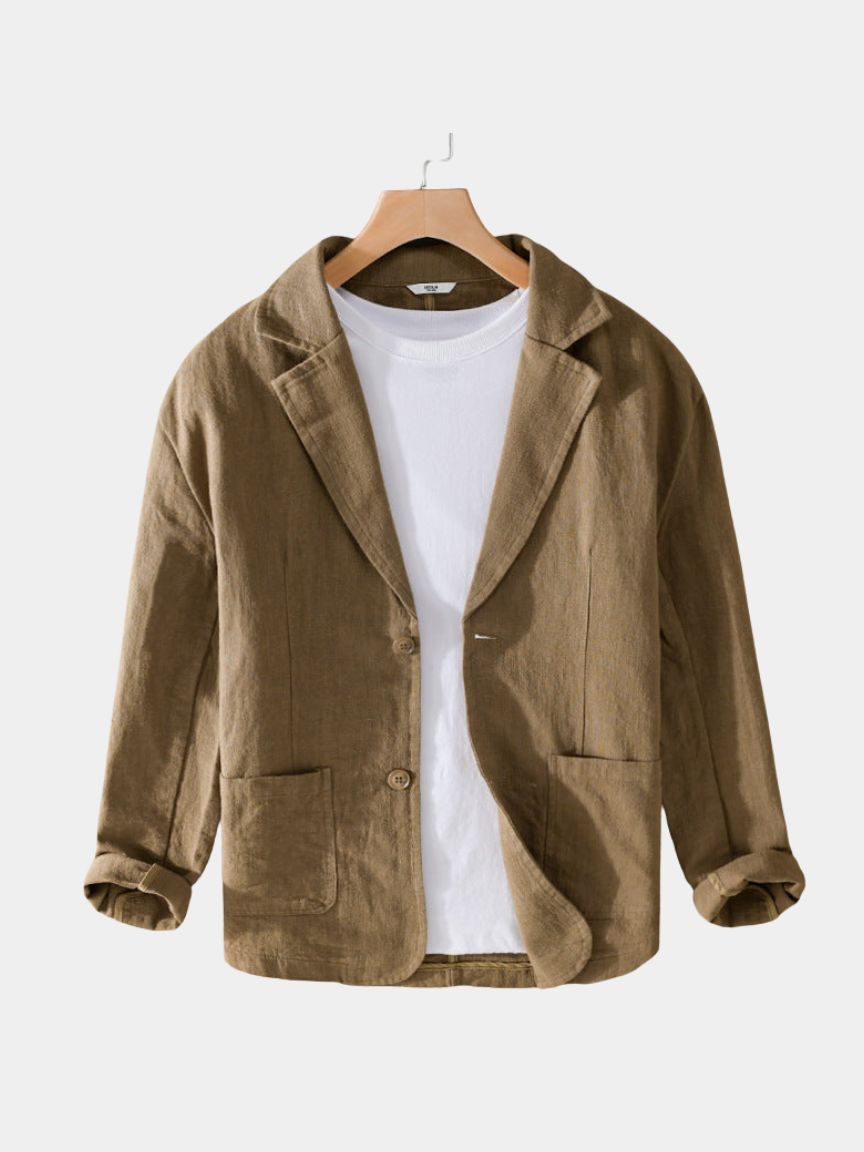 Lightweight linen blazer in the Oldbrook style by Montaracrest, shown on a hanger with a tailored fit and classic lapel design.