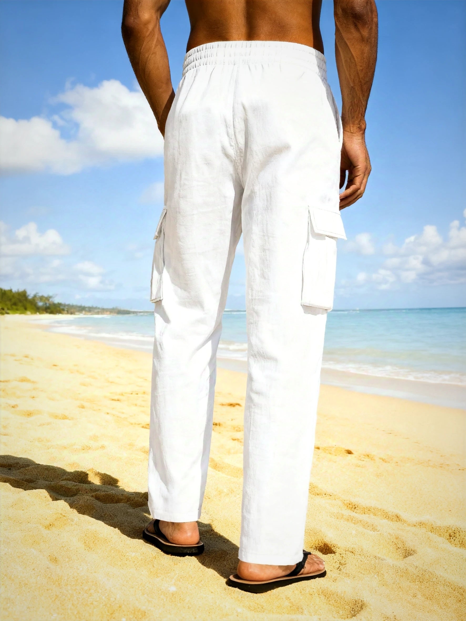 Montara & Crest linen pants shown on a model, featuring a relaxed fit and natural fabric in neutral tones.