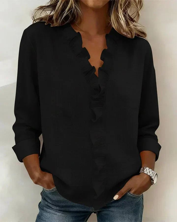 Montaracrest Chiara™ V-neck blouse with delicate ruffle details, lightweight fabric, stylish and feminine for casual or dressy wear.