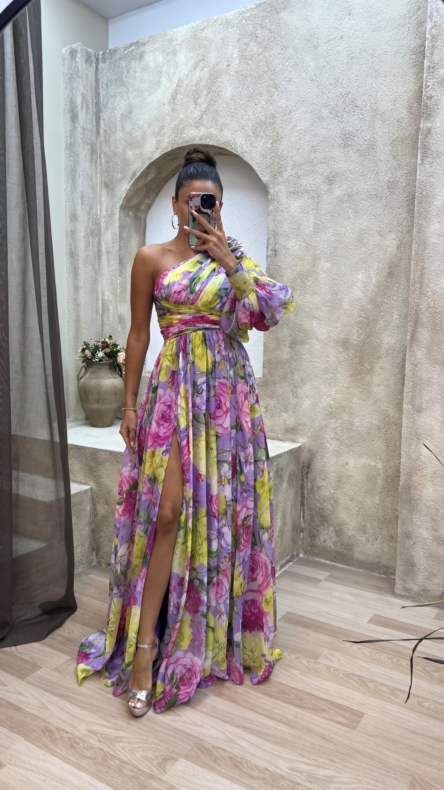 Elegant monospalla floral print dress by Montaracrest with side slit, showcasing a stylish and sophisticated look.