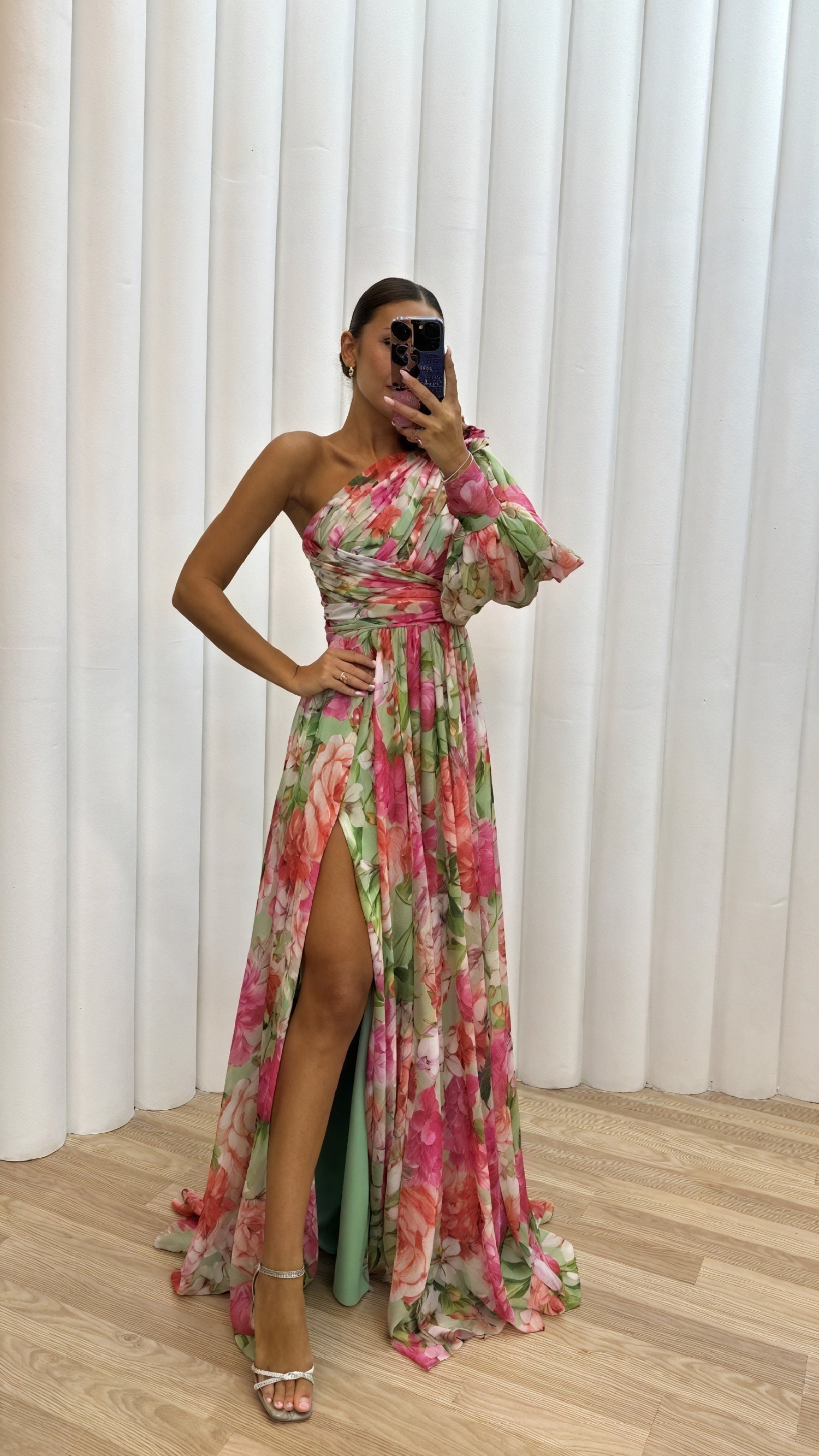 Montaracrest floral print one-shoulder dress with slit, elegant design, showcased on a model.
