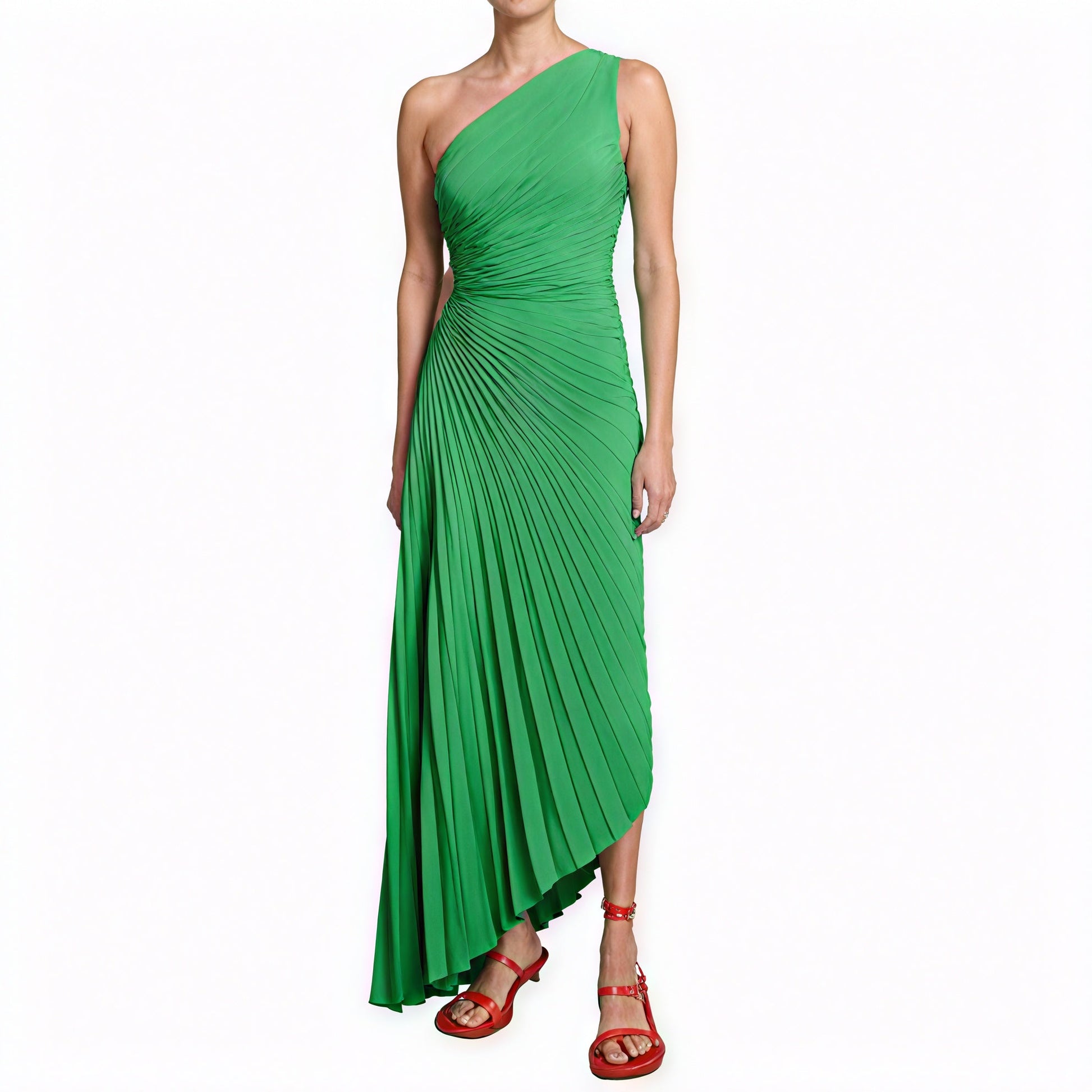 Light pink monospalla pleated dress with asymmetric hem by Montaracrest, featuring a single shoulder strap and flowing fabric.