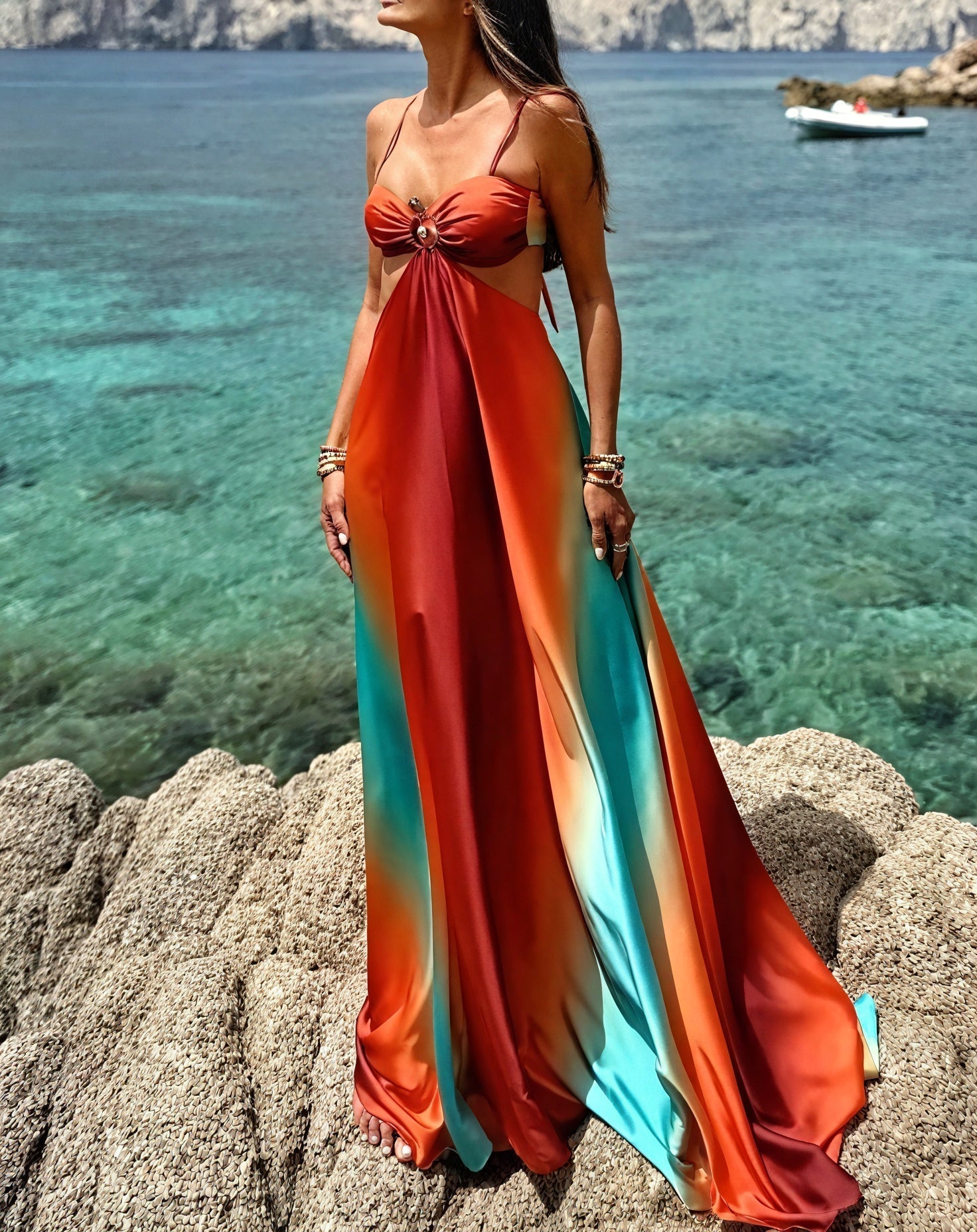 Elegant ombré satin dress by Montaracrest with a delicate cut-out detail, sleek and stylish for special occasions.