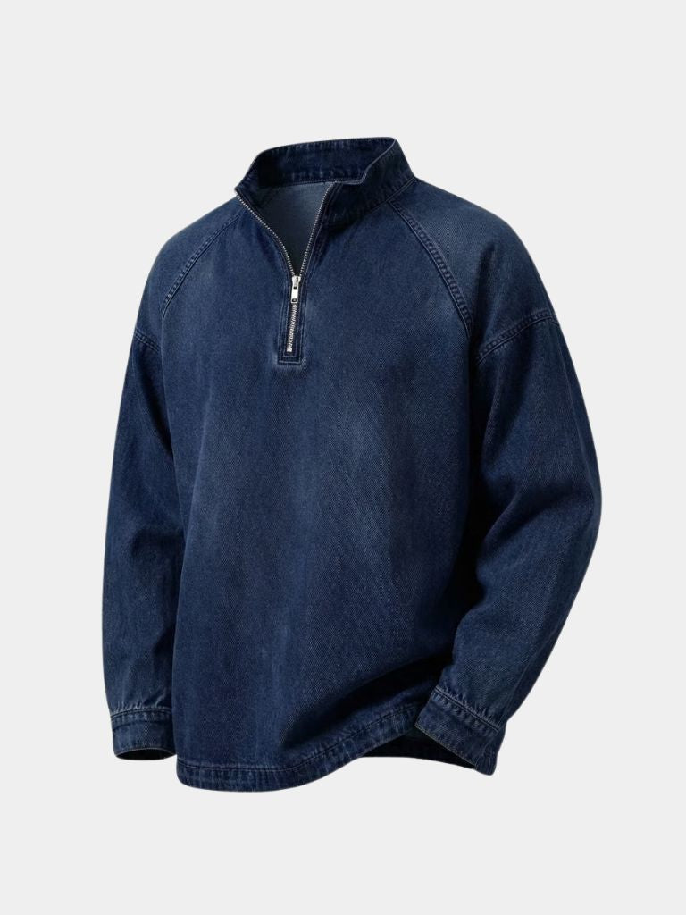 Montaracrest denim stonewash jacket with quarter zip, featuring a casual fit and classic style, shown on a model.