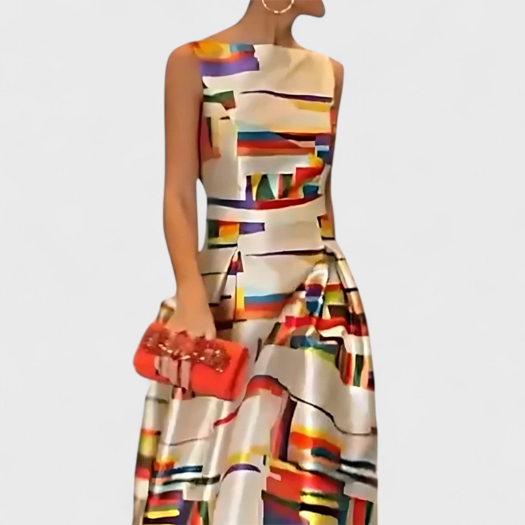 Montaracrest Misa casual long handmade dress with flowing fabric and artistic design, shown on a model.