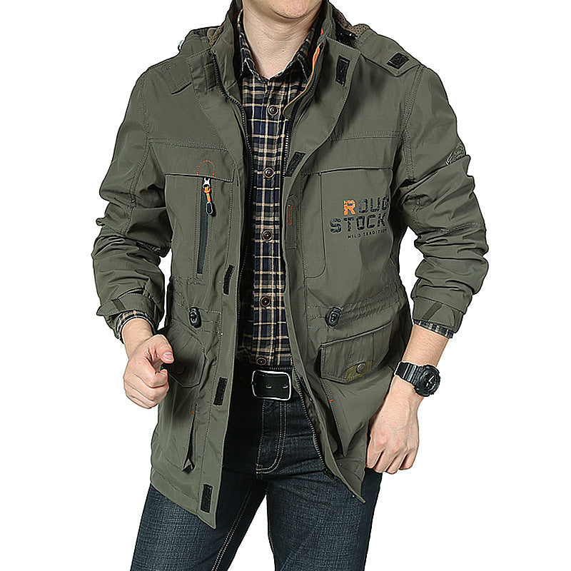 Montara & Crest utility parka with removable hood, featuring durable fabric, multiple pockets, and a practical design for outdoor wear.