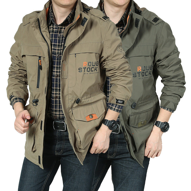 Montara & Crest utility parka with removable hood, featuring multiple pockets and durable fabric for outdoor wear.