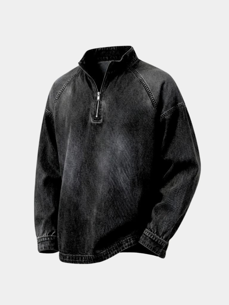 Montaracrest stonewash denim jacket with quarter zipper, casual long sleeve outerwear, front zipper closure, stylish and versatile.