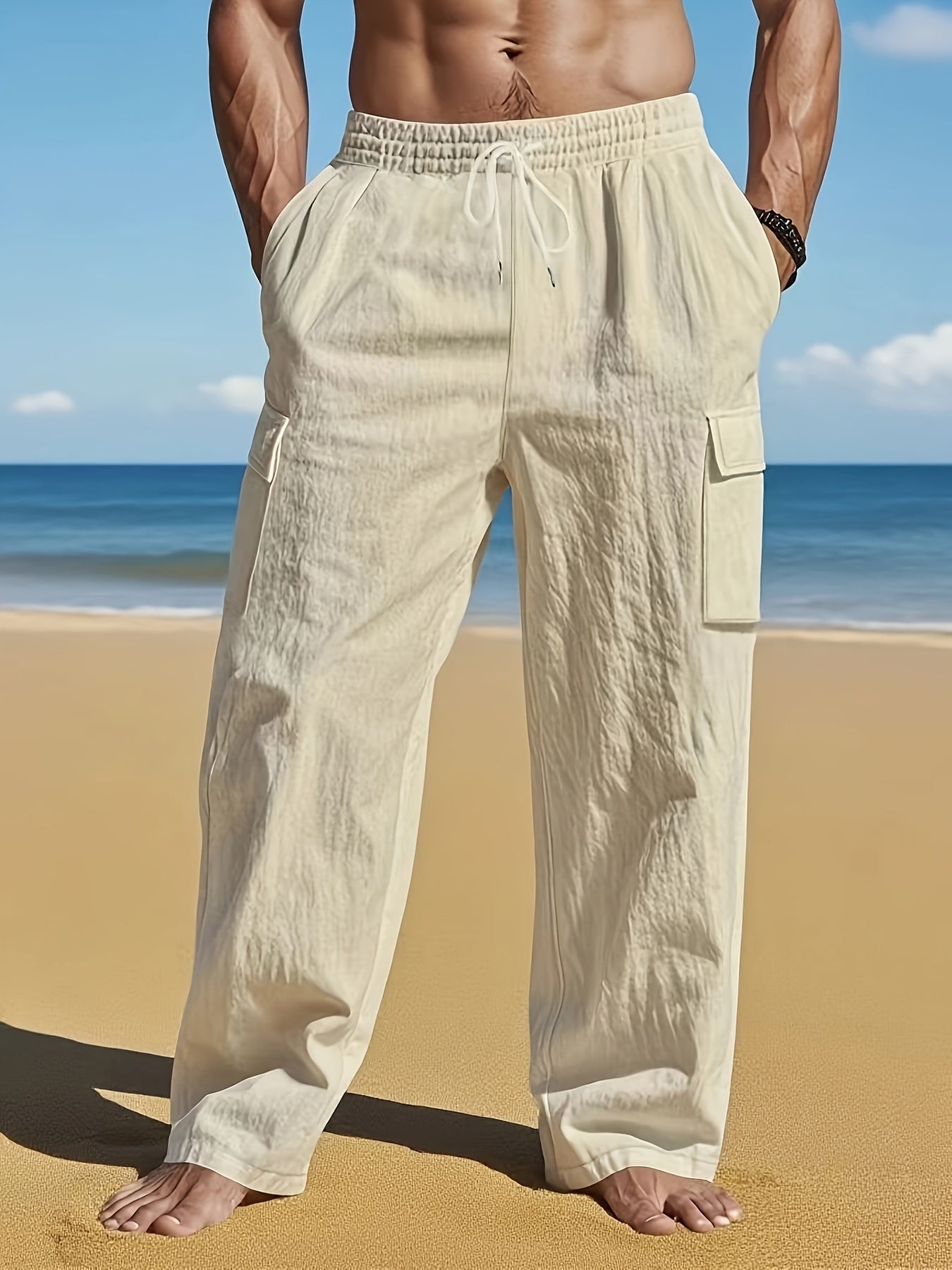 Montara & Crest linen pants in neutral color, showcasing relaxed fit and lightweight fabric for casual wear.