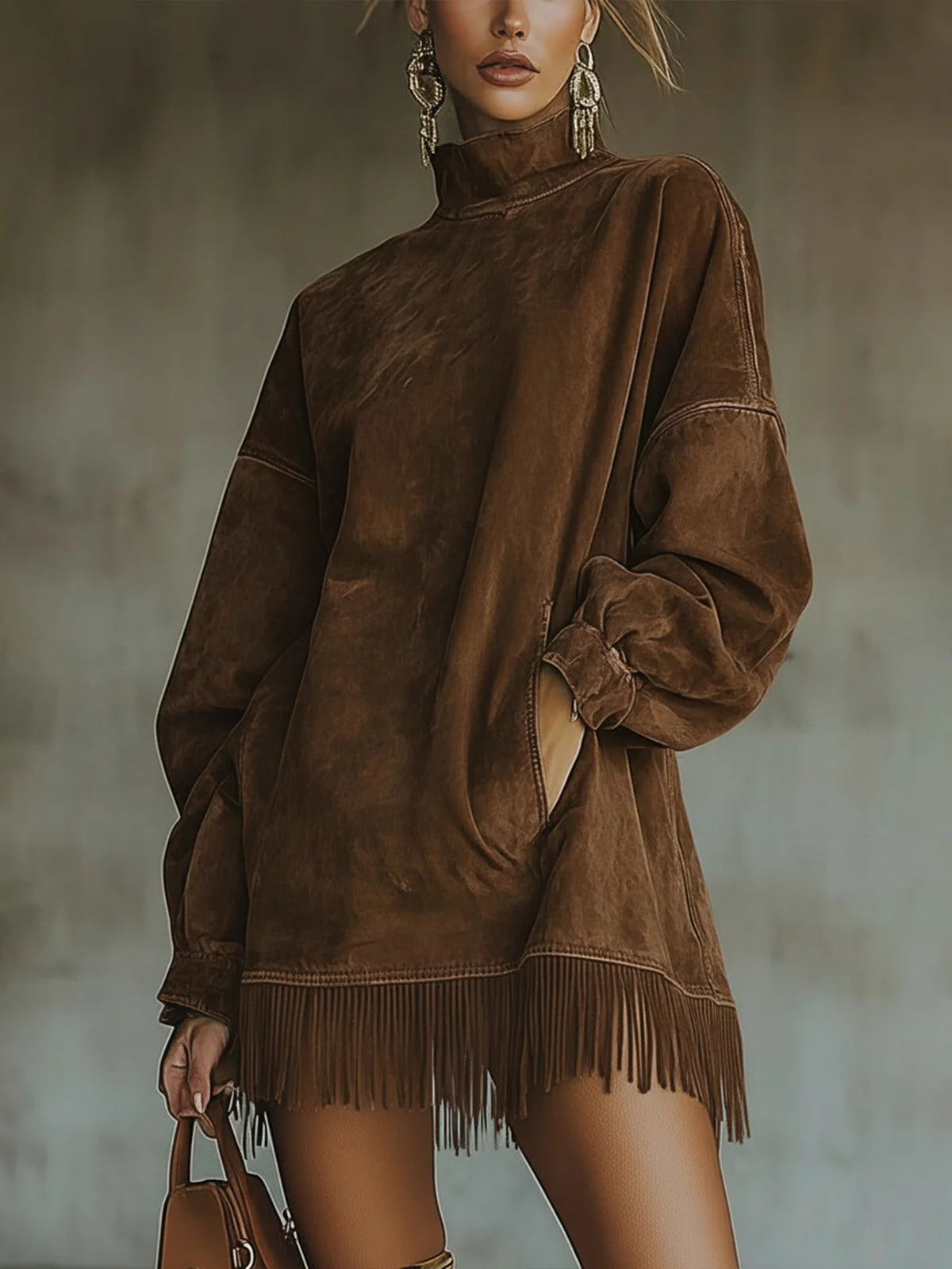 Brown suede Amalia dress by Montaracrest with a turtleneck, oversized fit, and fringe details displayed on the front.