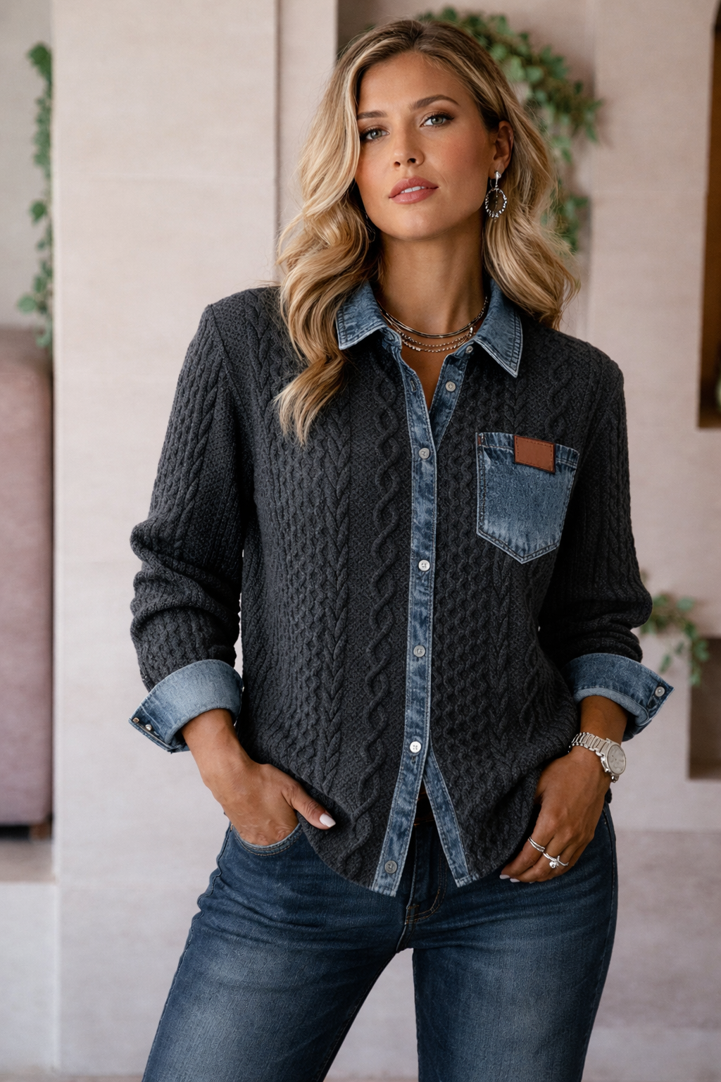 Montaracrest Ambra patchwork knit top with denim details, featuring a stylish, casual design in soft fabric.
