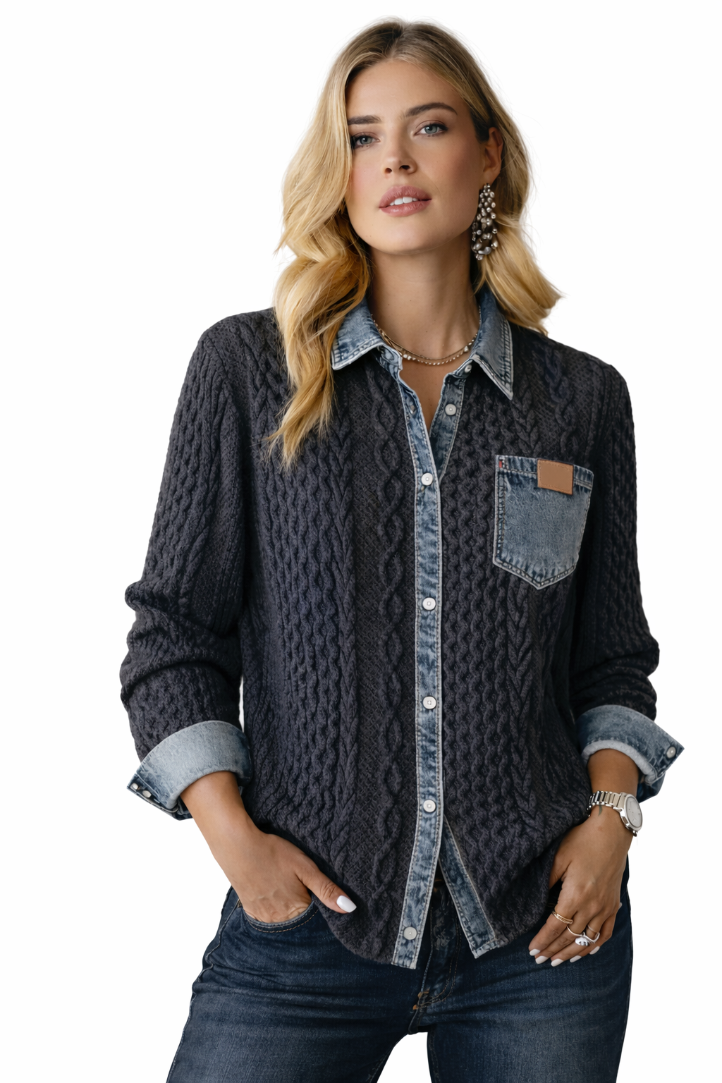 Ambra Montaracrest patchwork knit top with denim details, featuring stylish design and textured fabric in natural colors.