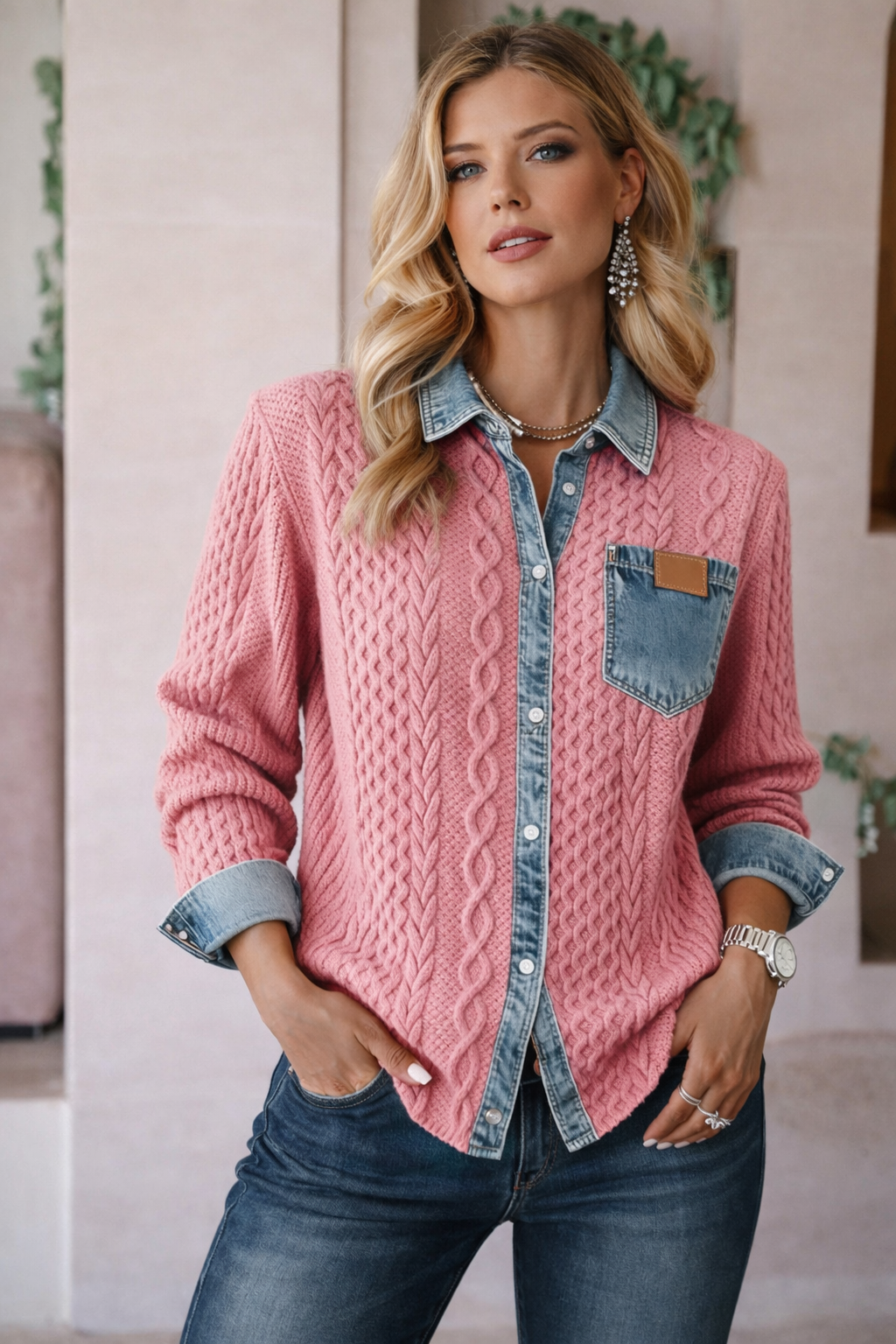 Ambra | Top in maglia patchwork con dettagli in denim - Montaracrest