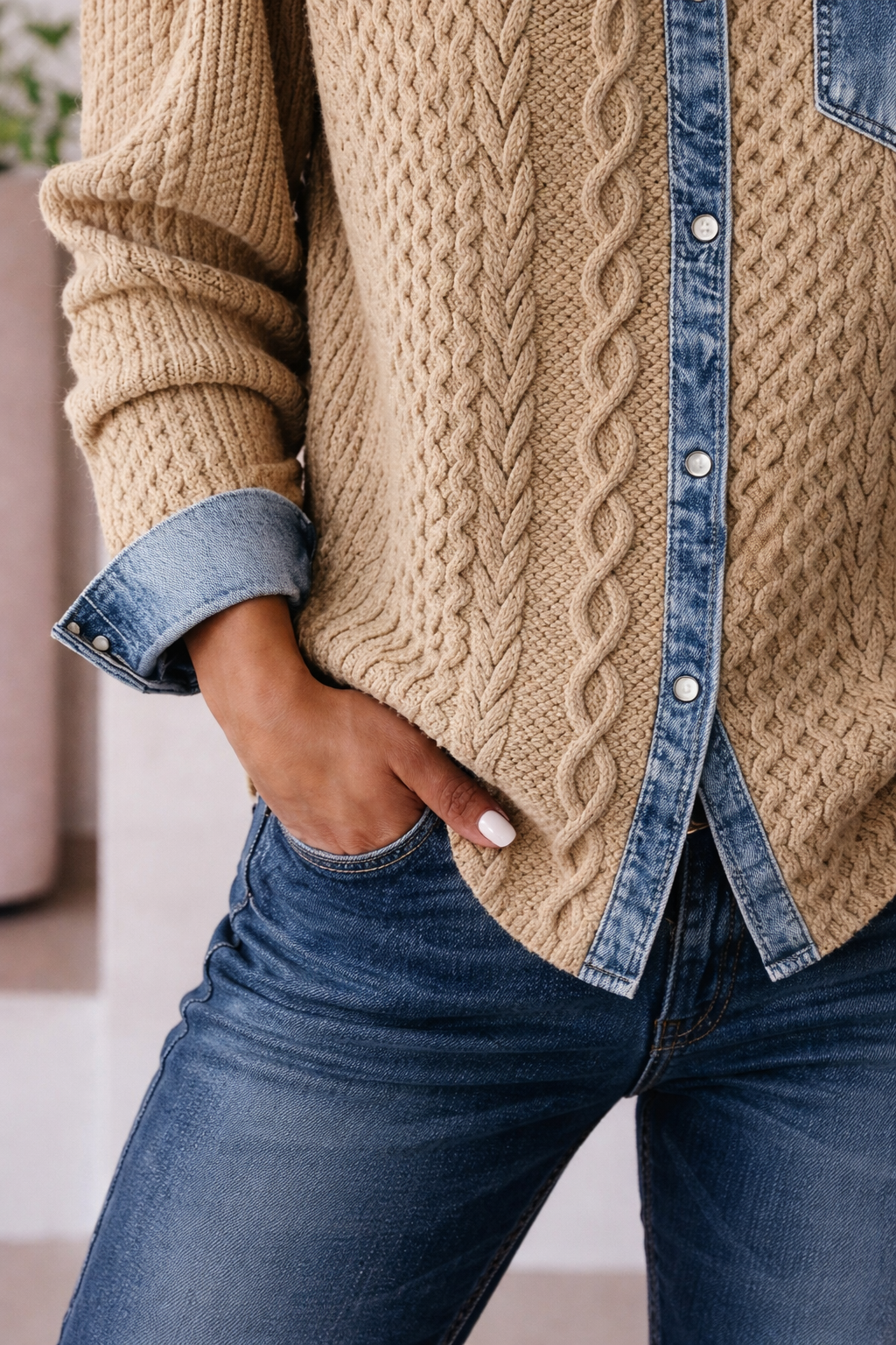 Montaracrest Ambra patchwork knit top with denim details, stylish AURDONNA fashion piece featuring mixed fabric design.