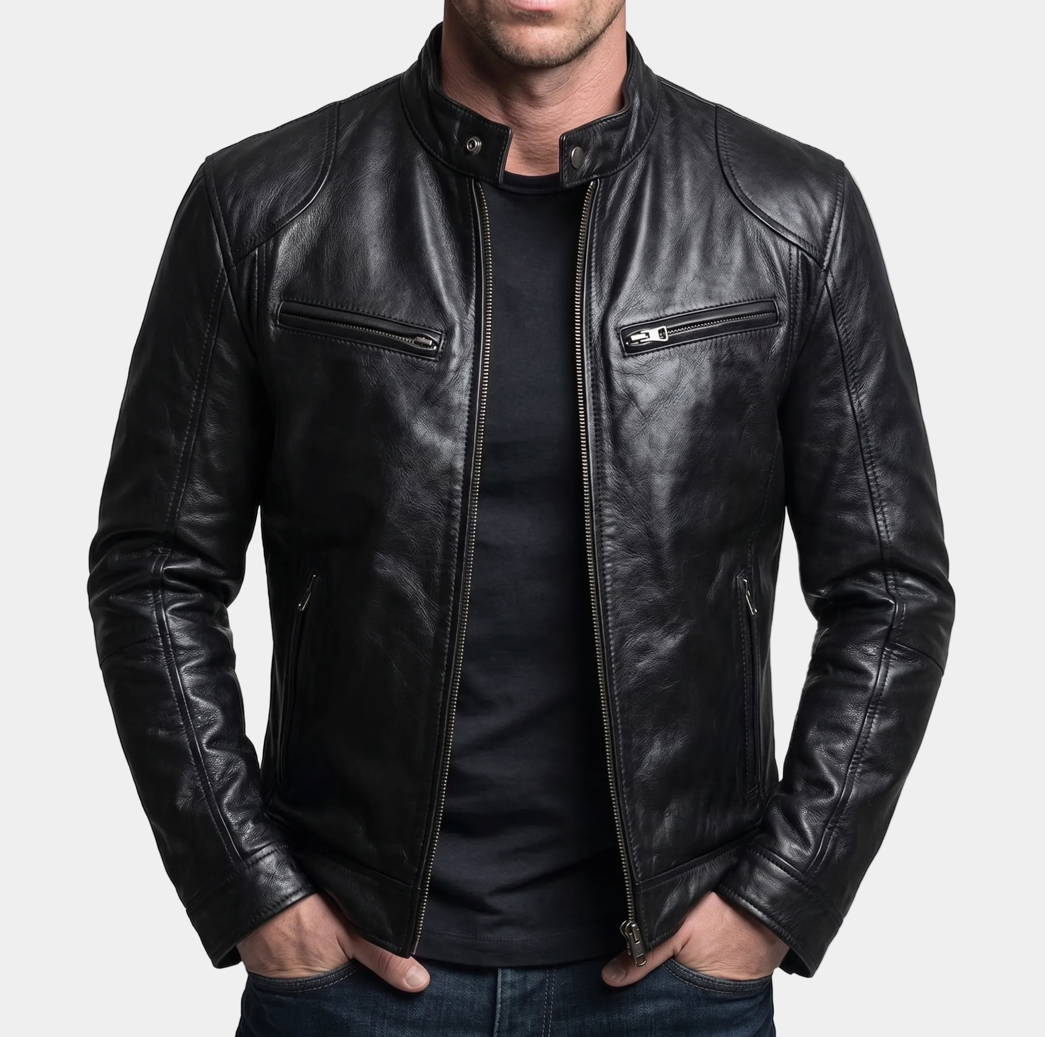 Men's Mitchell leather jacket from Montaracrest, stylish men's coat featuring a sleek leather design and classic collar.