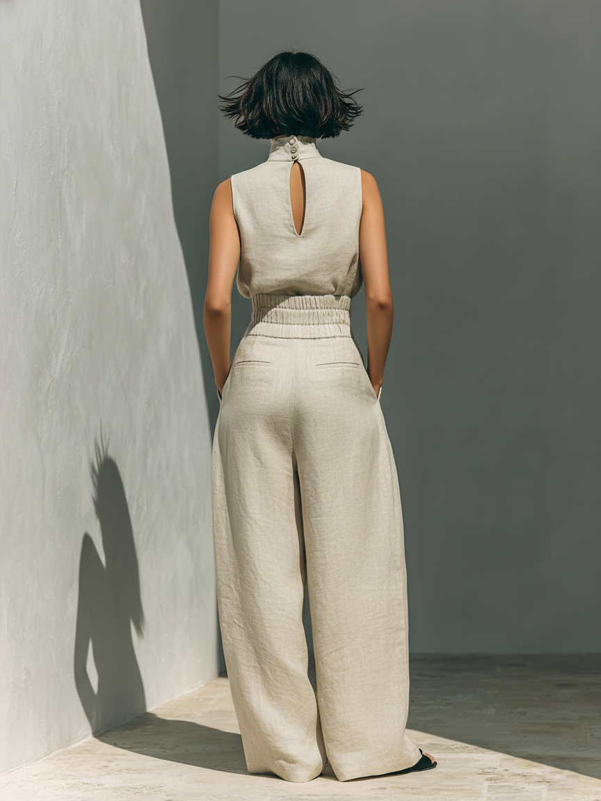 Minimalist women's cotton and linen ensemble by Montaracrest featuring a canotta top and wide-leg pants.