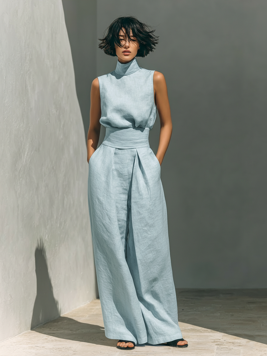 Maria minimalist women's cotton and linen canotta and wide-leg pants set by Montaracrest, shown in a natural, relaxed fit.