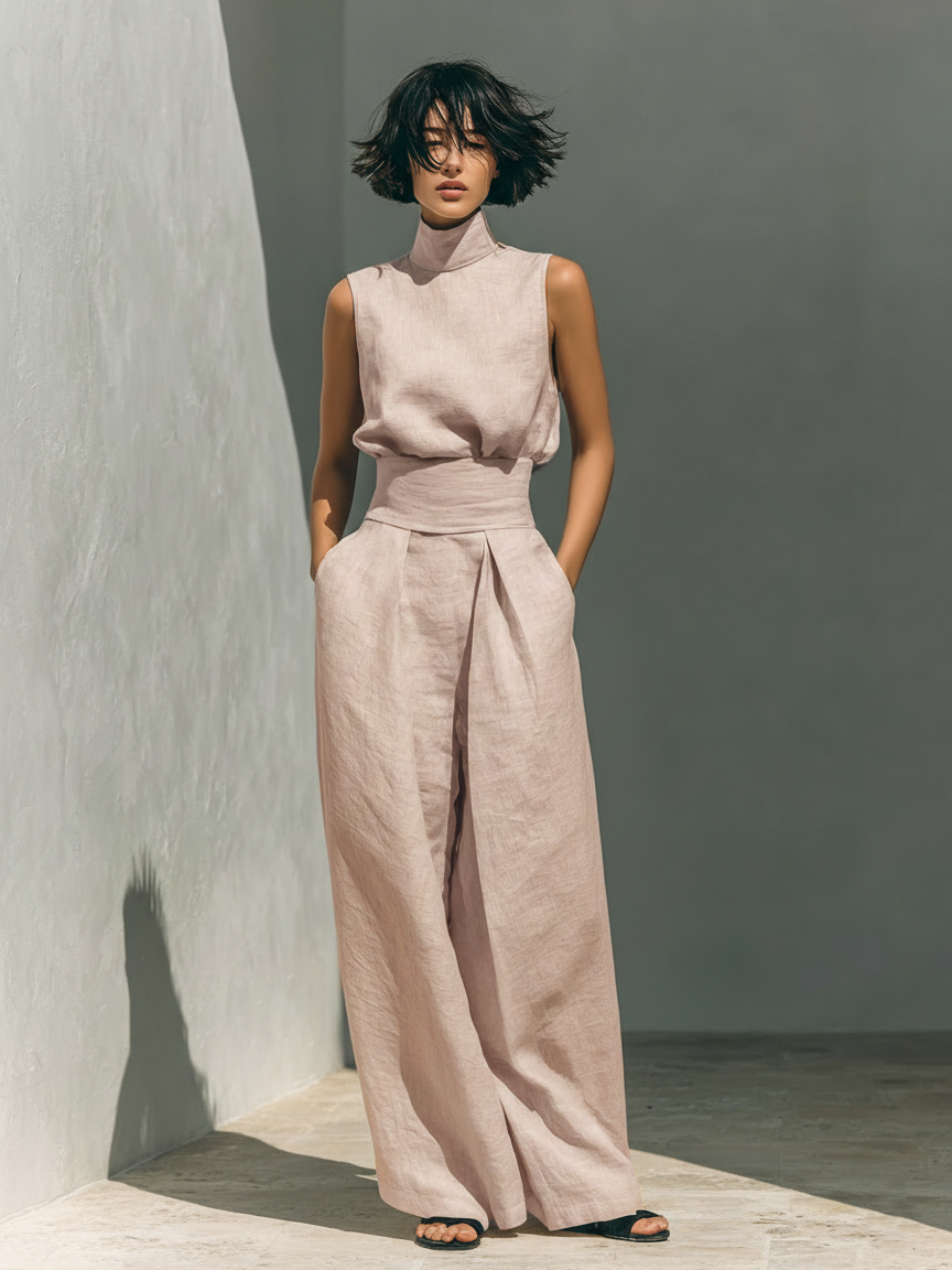 Minimalist women's cotton and linen Maria outfit by Montaracrest featuring a sleeveless top and wide-leg pants.