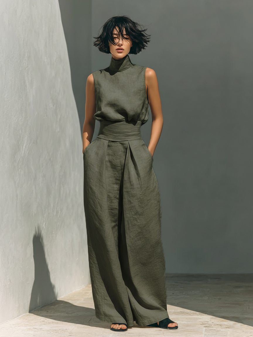 Minimalist women's cotton and linen outfit with tank top and wide-legged pants by Montaracrest.