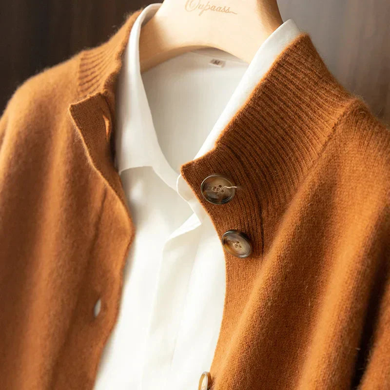 Montaracrest Arlina Merino Cardigan shown in soft wool, featuring a cozy fit with button closure and ribbed cuffs.