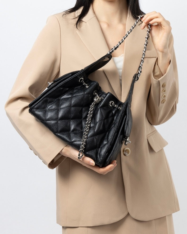 Genuine Leather Caviar Pattern Large Capacity Bucket Crossbody Bag