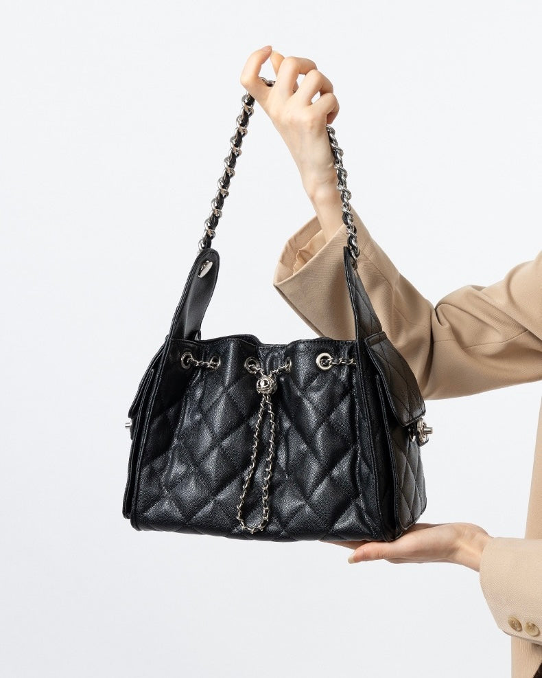 Genuine Leather Caviar Pattern Large Capacity Bucket Crossbody Bag