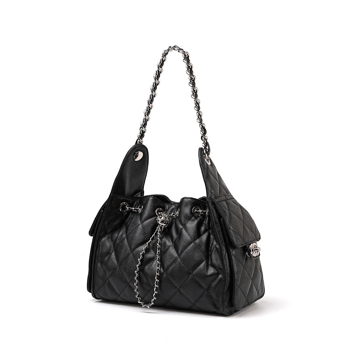 Genuine Leather Caviar Pattern Large Capacity Bucket Crossbody Bag