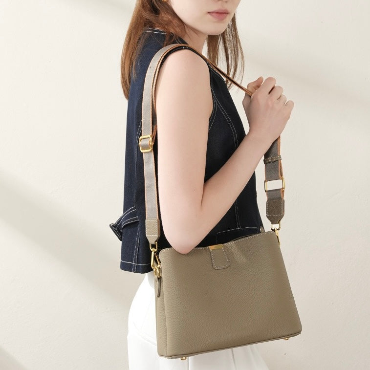 Classic Gold-Trimmed Genuine Leather Bucket Handbag