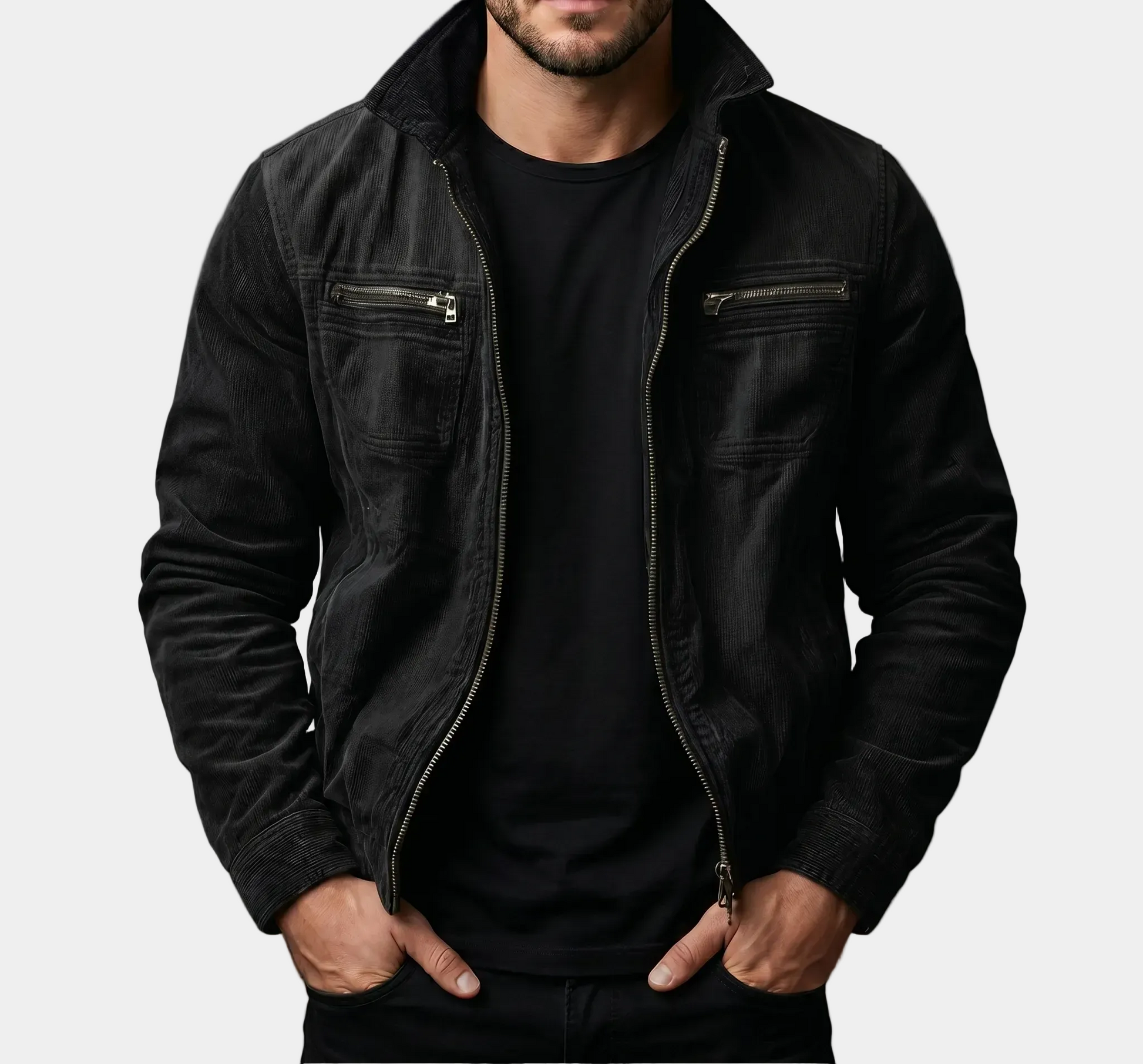 Black high-quality corduroy jacket by Montaracrest, featuring a stylish, textured design and a classic fit.