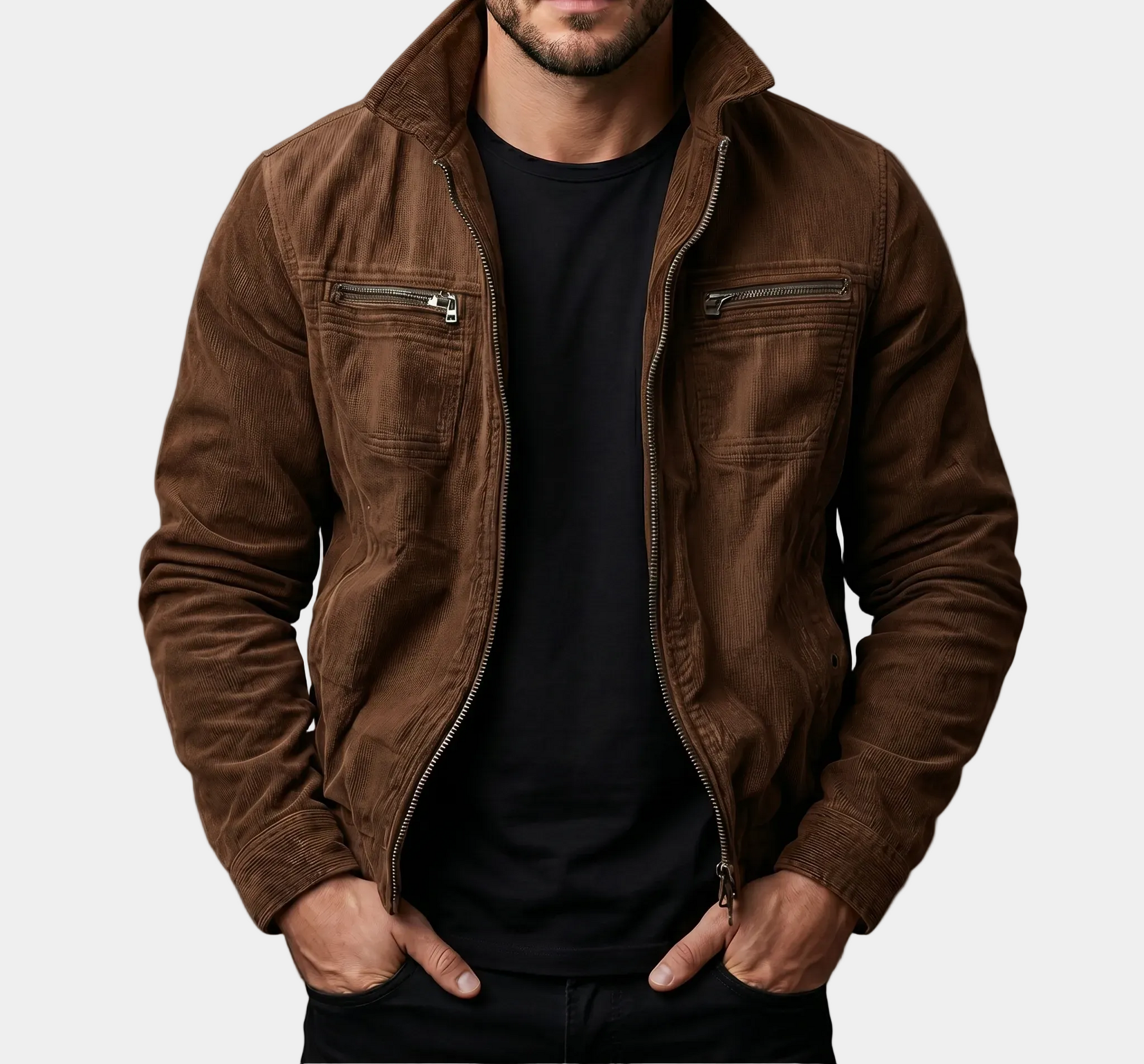 High-quality coffee-brown corduroy jacket by Montaracrest, featuring a stylish, textured design and a classic fit.